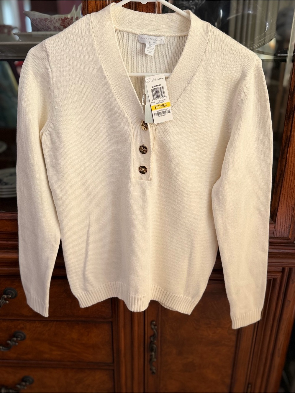 Charter Club Cream V-Neck Henley Sweater with Button Placket